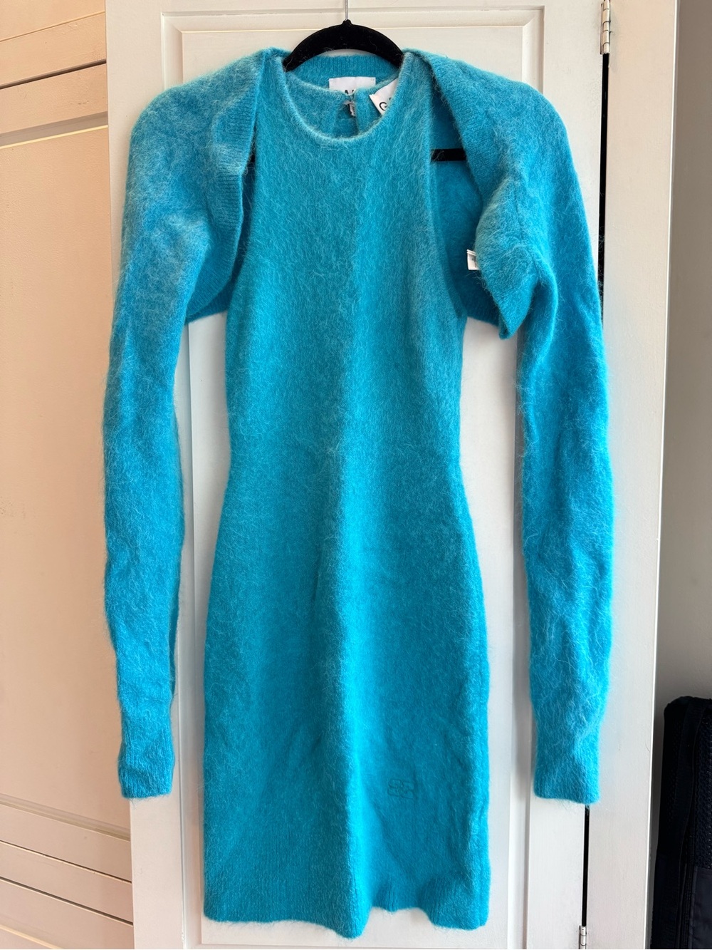 Ganni Turquoise Fuzzy Knit Mini Dress